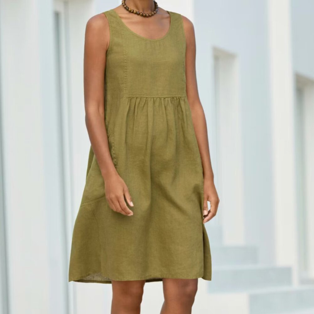 Poetry Sleeveless Dress 100% Linen, size 6, Green